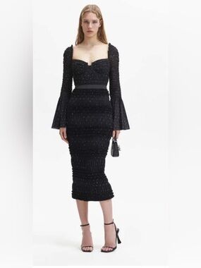 Self-Portrait Black Beaded Sweetheart Midi Dress with Bell Sleeves